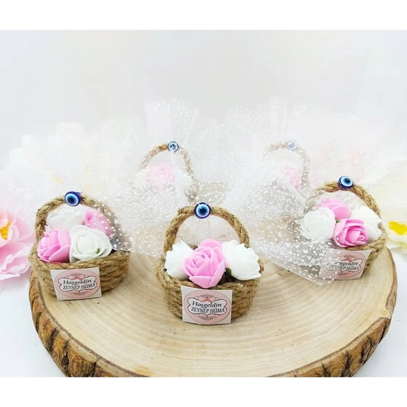 Hasır Minik Sepet Fiyonklu Bebek Hediyelik(30 Adet) - 3