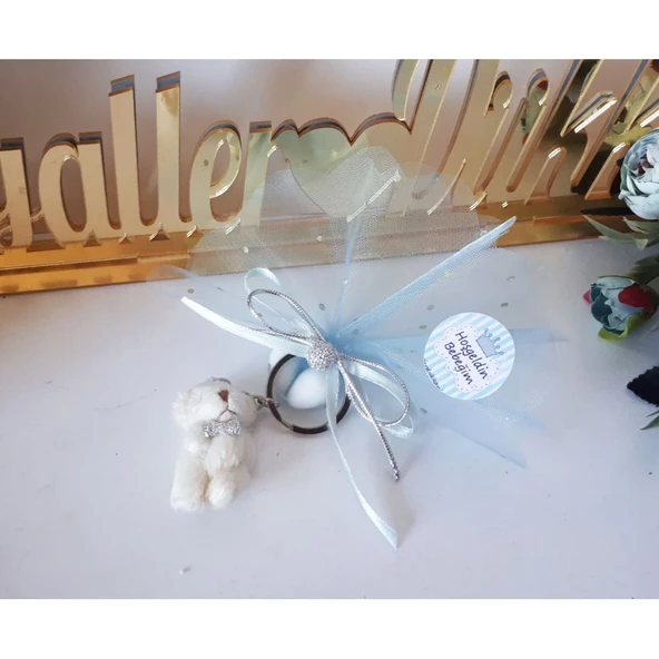 Mavi Süslü Ayıcık Anahtarlık Bebek Şekeri 2019 Model(30 Adet)