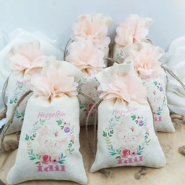 Kişiye Özel Lavanta Kesesi Kız Bebek Şekeri Tavşan baskı(30 Adet)