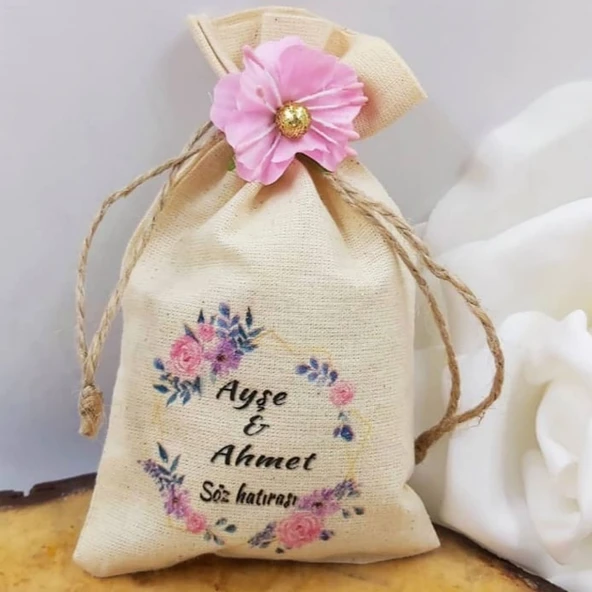 Pembe Çiçekli Süslü Kişiye Özel Baskılı Keten Kese Bebek(30 Adet) ürün görseli