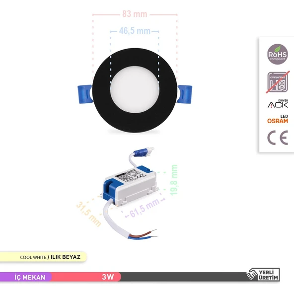 Ack 3w Ilık Beyaz 4000k Siyah Kasa Slim Led Panel Yuvarlak AP01-00311 - 4