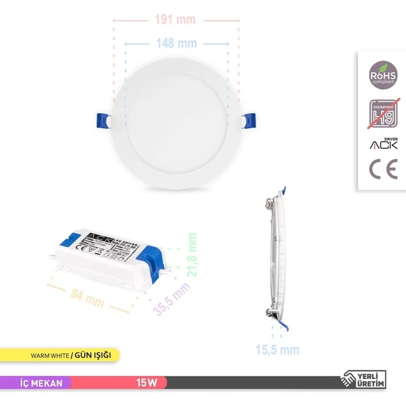 Ack 15w Günışığı 3000k Slim Led Panel Yuvarlak Alüminyum AP01-01500 - 4