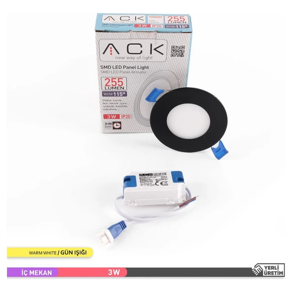 Ack 3w Günışığı 3000k Siyah Kasa Slim Led Panel Yuvarlak AP01-00301 - 2
