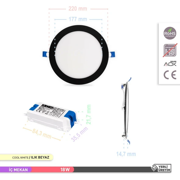 Ack 18w Ilık Beyaz 4000k Siyah Kasa Slim Led Panel Yuvarlak AP01-01811 - 4