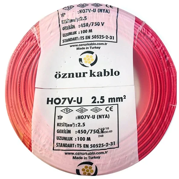 Öznur 2.5 Nya Kırmızı Tam Bakır TSE Kablo - 100 Metre