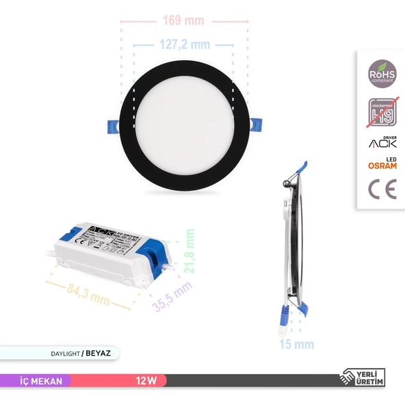Ack 12w Beyaz Işık 6500k Siyah Kasa Slim Led Panel Yuvarlak AP01-01231 - 4
