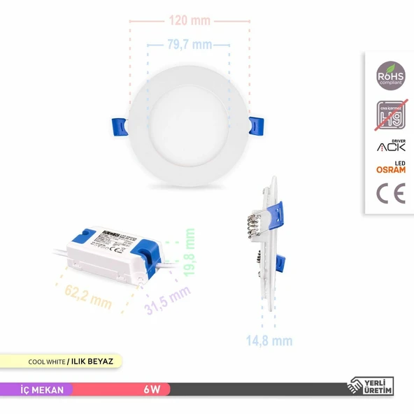 Ack 6w Beyaz Işık 6500k Slim Led Panel Yuvarlak Alüminyum AP01-00630 - 4