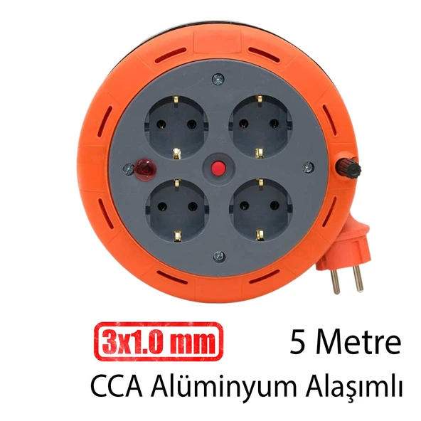 Mini Kutulu Makaralı Seyyar 3x1.0 mm CCA Monofaze Plastik Uzatma Kablosu 4 Priz TTR Kablo 5 Metre - 3