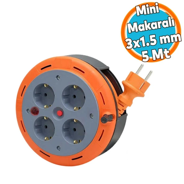 Mini Kutulu Makaralı Seyyar 3x1.0 mm CCA Monofaze Plastik Uzatma Kablosu 4 Priz TTR Kablo 5 Metre