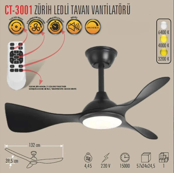 CATA ZÜRİH LED TAVAN VANTİLATÖR SESSİZ SİYAH (CT-3001) - 2