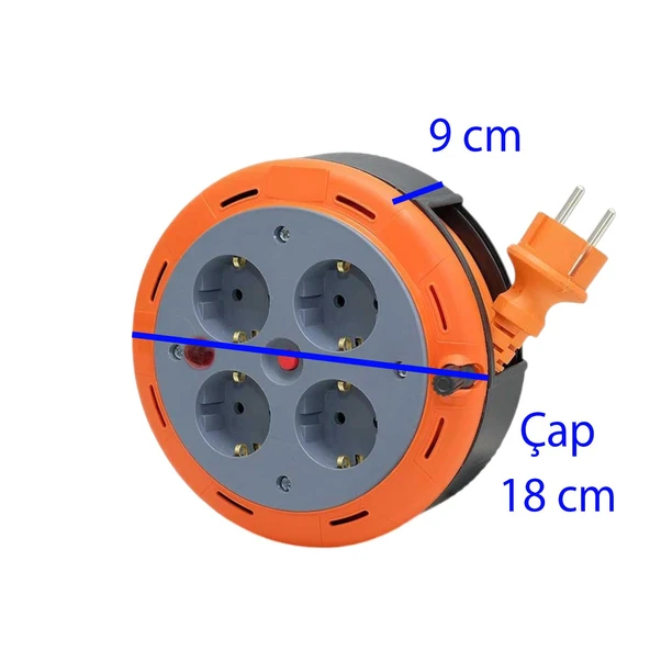 Mini Kutulu Makaralı Seyyar 3x1.0 mm CCA Monofaze Plastik Uzatma Kablosu 4 Priz TTR Kablo 5 Metre - 2