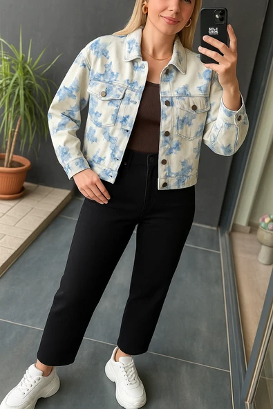 Oversize Desenli Geniş Kesim Denim Kot Çift Cepli Overshirt Ceket Tarzı Mevsimlik Jean Gömlek - 7