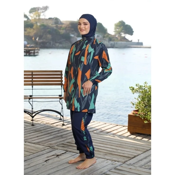 Estiva Düz Kol Paça Lastikli Fermuarlı Tam Kapalı Tesettür Mayo - 2