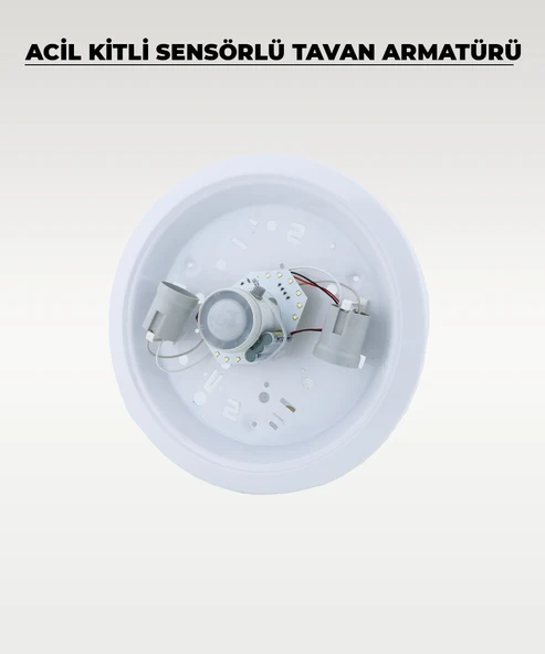 Acil Kitli Pilli 2 x E27 Duylu Sensörlü Tavan Armatürü - Cam / Metal - 3