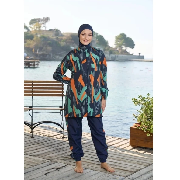 Estiva Düz Kol Paça Lastikli Fermuarlı Tam Kapalı Tesettür Mayo