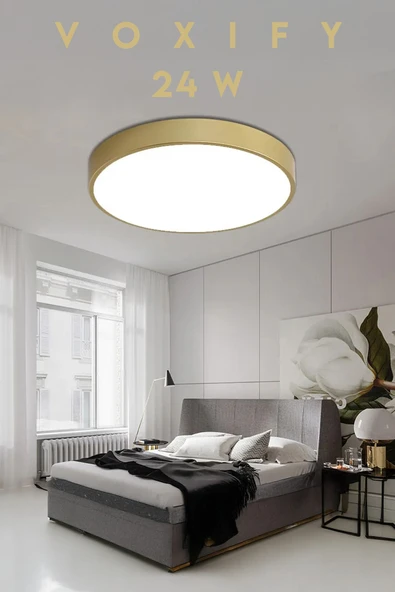 Voxify 24w Metal Kasa Büyük Boy Gold Renk Led Panel Salon Avize Armatür 3200K Sarı Işık