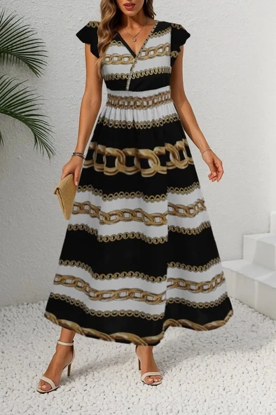 Kadın Kısa Kollu Kruvaze Yakalı Beli Lastikli Desenli Maksi Boy örme Krep Elbise - 3