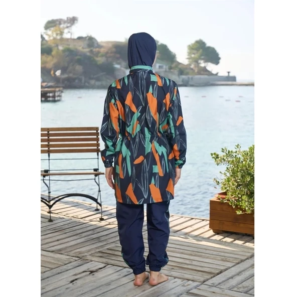 Estiva Düz Kol Paça Lastikli Fermuarlı Tam Kapalı Tesettür Mayo - 3