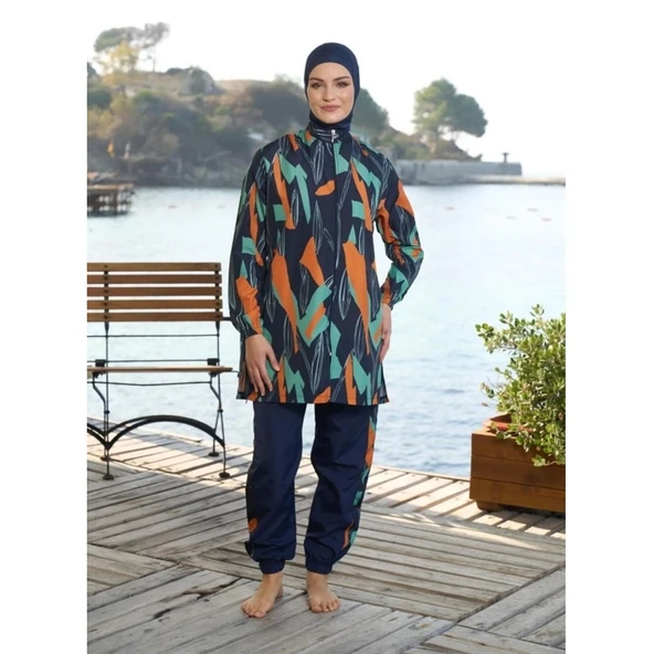 Estiva Düz Kol Paça Lastikli Fermuarlı Tam Kapalı Tesettür Mayo - 4