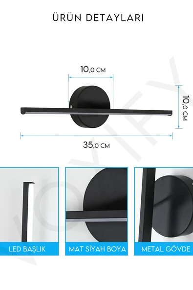 Voxify Kendinden Yapışkanlı Pilli Led Aplik Tablo Duvar Resim Ayna Duvar Lambası Kaliteli Siyah Metal Kasa - 3