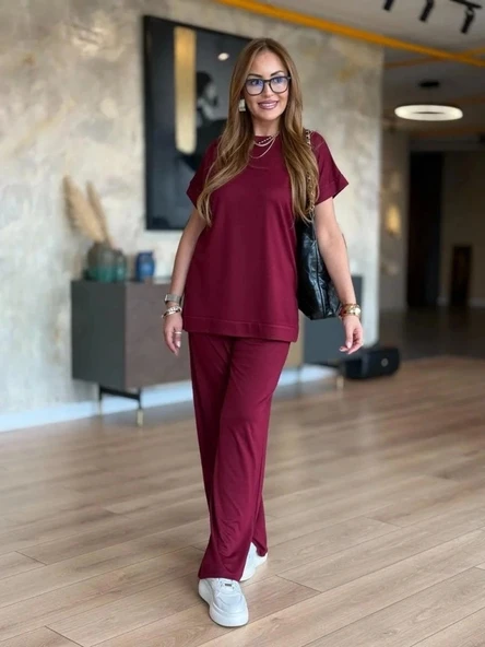 Kadın Kısa Kollu Bisiklet Yaka Viskon Iki Iplik Bluz Ve Pantolon Ikili Takım - Resim 4