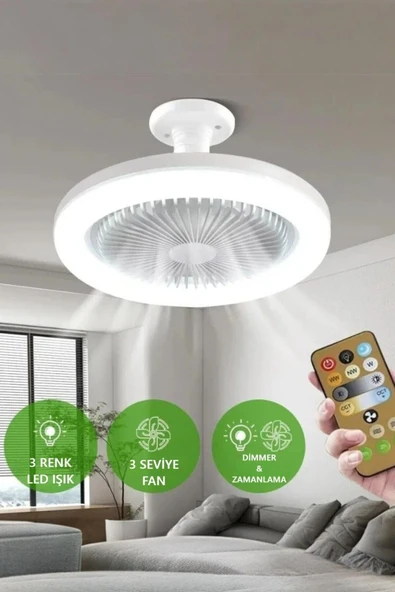 ADAL Vantilatör 3 Kademe Hız Dimlenebilir 3 Renk Led Işıklı Poyraz Kumandalı Fan Led Ampul