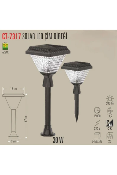 Cata CT 7317 Solar Kazıklı Bahçe Armatür 30W 6400K Beyaz Işık - 3