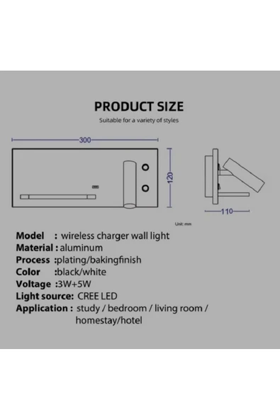 ECONAYatak Başı Led Aplik Kablosuz Şarj Okuma Lambası Beyaz Kasa Günışığı Işık Ecn-7701 - Resim 5