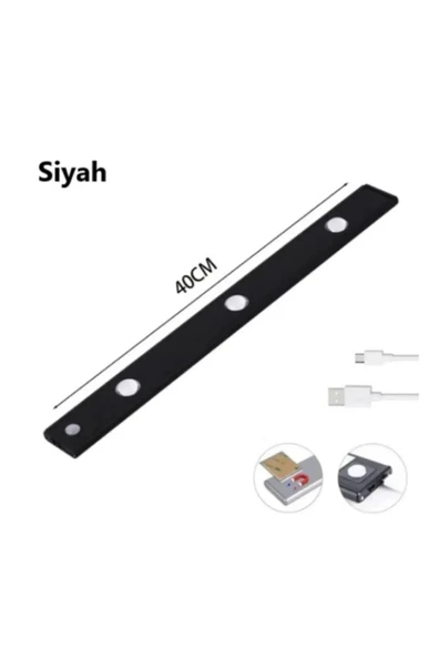 Cata Hareket Sensörlü - Dekoratif Gece Lambası - Usb Şarjlı Led Aydınlatma Siyah Kasa 40cm Şarjlı Dolap L - 7