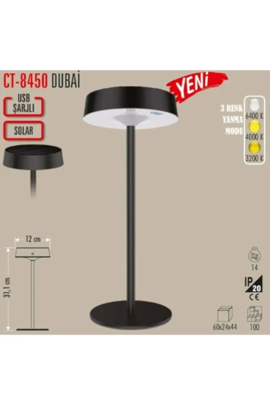 Cata Solar Şarjlı Ledli Dubai Masa Lambası 3 Renk Işık Abajur