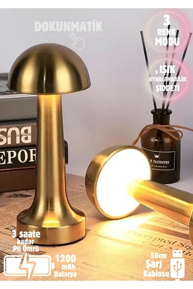 Cata Lizbon 3 Işık Renkli Şarjlı Dim Edilebilir Metal Masa Lambası Ct-8429 Gold C.a.t.a Markadır.