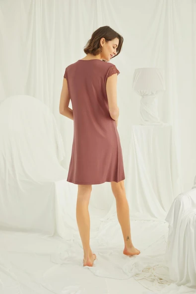 Yakası Kolu ve Omzu Brode Dantelli Önü Düğmeli Gecelik - Resim 6