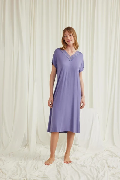 Yakası Dantelli Kısa Kollu Gecelik - Resim 2