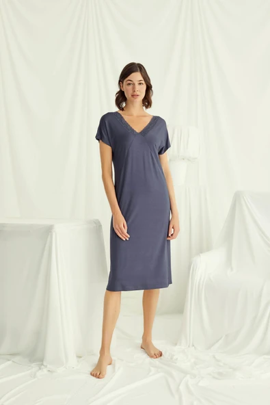 Yakası Dantelli Kısa Kollu Gecelik - Resim 2