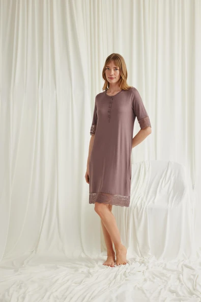 Dantel Detaylı Kısa Kollu ve Önü Düğmeli Gecelik - Resim 2