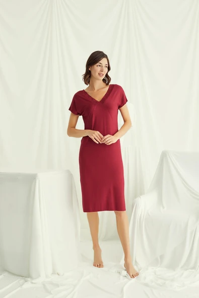 Yakası Dantelli Kısa Kollu Gecelik - Resim 2