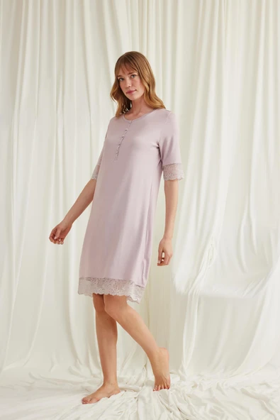 Dantel Detaylı Kısa Kollu ve Önü Düğmeli Gecelik - Resim 4