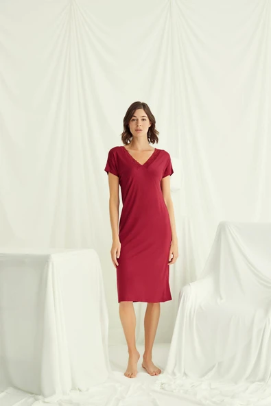 Yakası Dantelli Kısa Kollu Gecelik - Resim 5