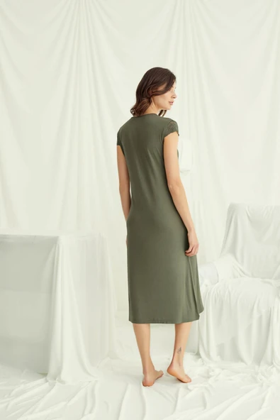 Yakası Kolu ve Omzu Dantelli Önü Düğmeli Gecelik - Resim 6