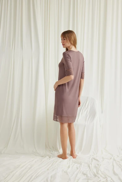 Dantel Detaylı Kısa Kollu ve Önü Düğmeli Gecelik - Resim 6