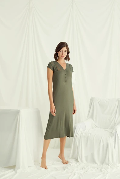 Yakası Kolu ve Omzu Dantelli Önü Düğmeli Gecelik - Resim 2