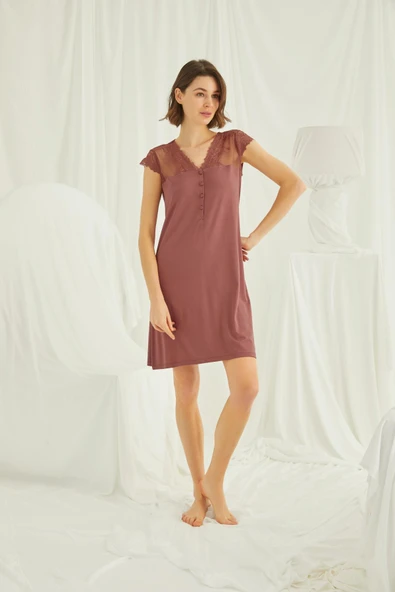 Yakası Kolu ve Omzu Brode Dantelli Önü Düğmeli Gecelik - Resim 2