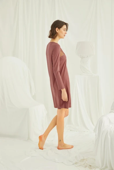 Yakası ve Omzu Dantelli Önü Düğmeli Gecelik - Resim 6