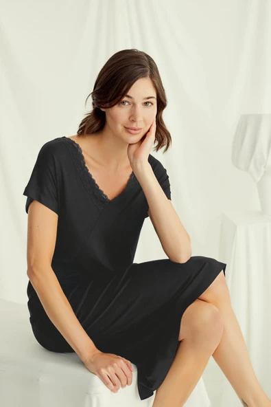 Yakası Dantelli Kısa Kollu Gecelik - Resim 5