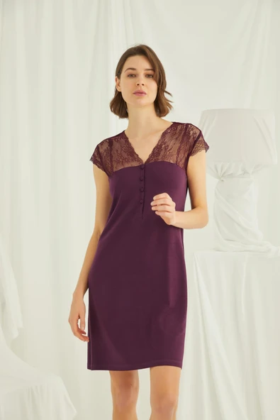 Yakası ve Omzu Dantelli Önü Düğmeli Gecelik - Resim 2