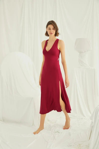 Göğüs ve Sırt Dekolteli Dantelli Yırtmaçlı Askılı Gecelik - 2