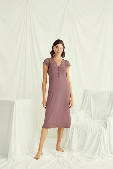 Yakası Kolu ve Omzu Dantelli Önü Düğmeli Gecelik - Resim 2