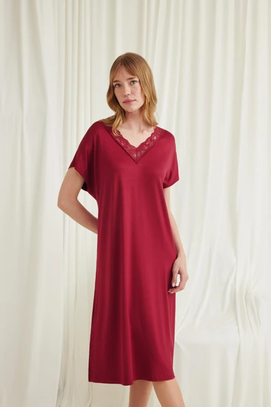 Yakası Dantelli Kısa Kollu Gecelik - Resim 2