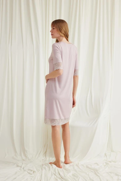 Dantel Detaylı Kısa Kollu ve Önü Düğmeli Gecelik - Resim 5