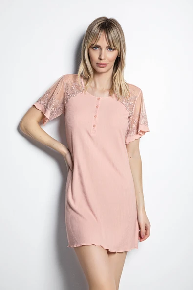 Önü Düğmeli Brode Dantelli Kısa Kollu Gecelik - Resim 2